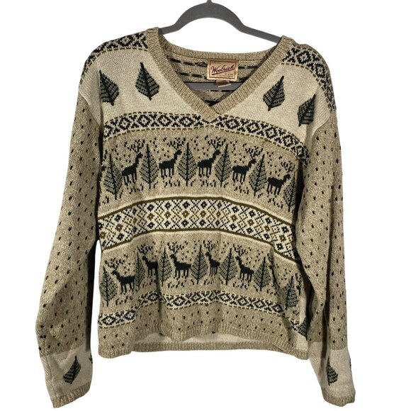 Woolrich vintage Small V-Neck Sweater novelty outdoor Deer & Tree Pattern Ramie - Picture 1 of 9